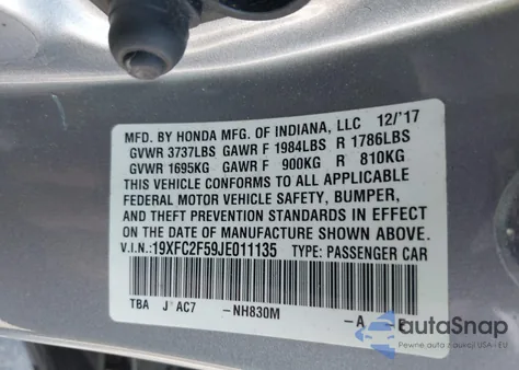 2018 Honda Civic Lx из США, поврежденный, VIN 19XFC2F59JE011135